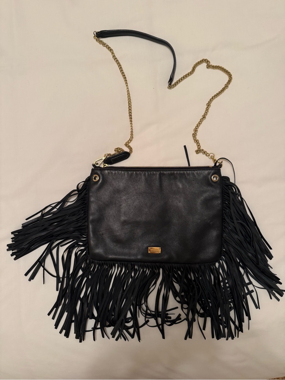 Moschino Black Fringe Crossbody with Gold Chain